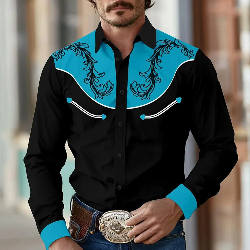 Western Cowboy Flower Printed Long Sleeve Shirt for Spring and Summer Comfortable Soft Fabric Party Men\'s Collar Shirt