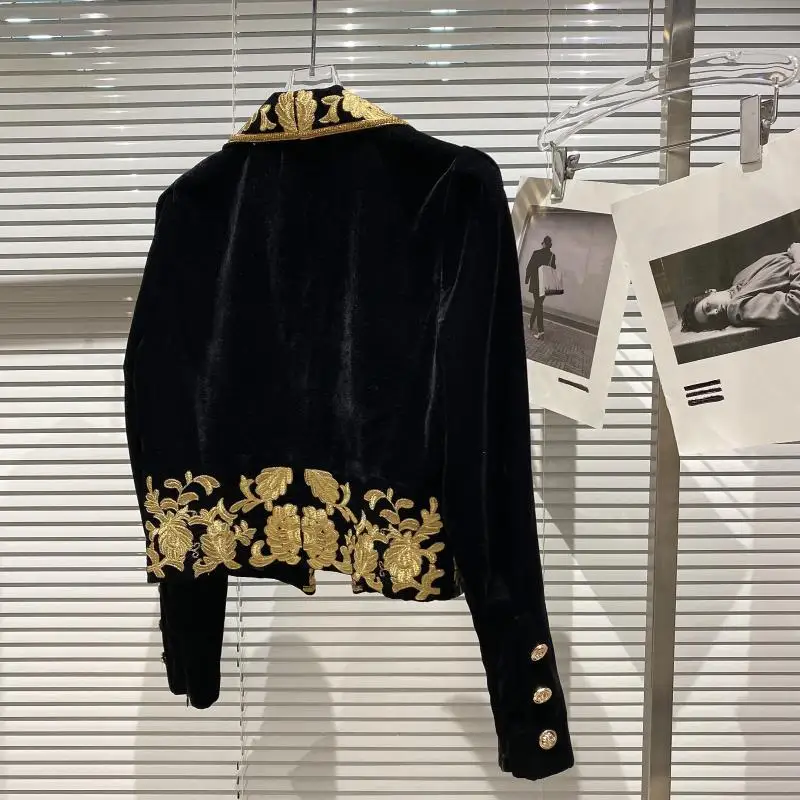 Baroque Style 2025 Spring New Heavy Embroidered Flower Socialite Black Velvet Small Suit Notched Short Jacket