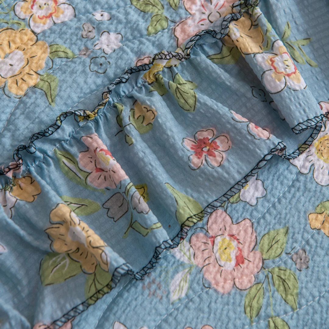 Spring Light Blue Floral Quilting Sofa Cover, for Living Room 1/2/3/4 Seater Couch Seat Cover Slipcover Sofa Towel with Ruffles