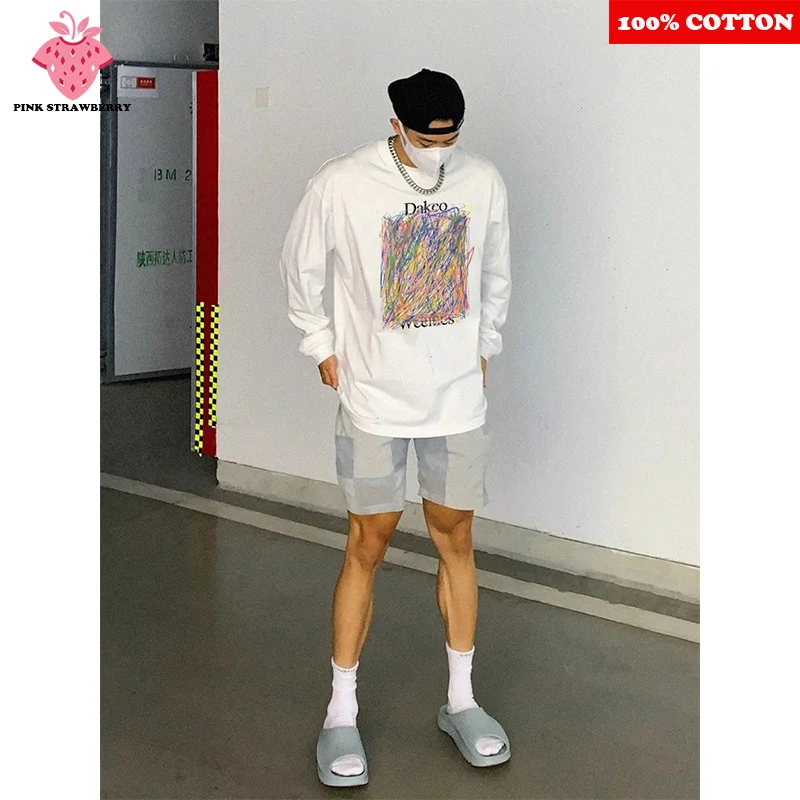 

Korean Graffiti Print Long sleeves T-shirt Men Autumn 2025 New 100%Cotton Loose Base shirt Sport Gym Y2k Tops Youth men clothing