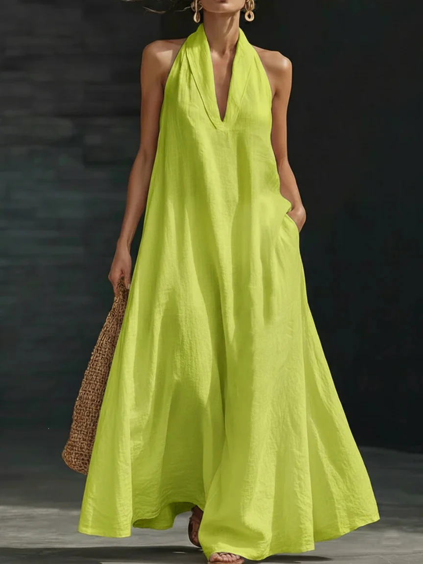 Europäisches und amerikanisches neues lässiges Resort-Kleid für Damen, ärmellos, atmungsaktiv, einfarbig, V-Ausschnitt, Frühjahr/Sommer 2026 – Detail 6
