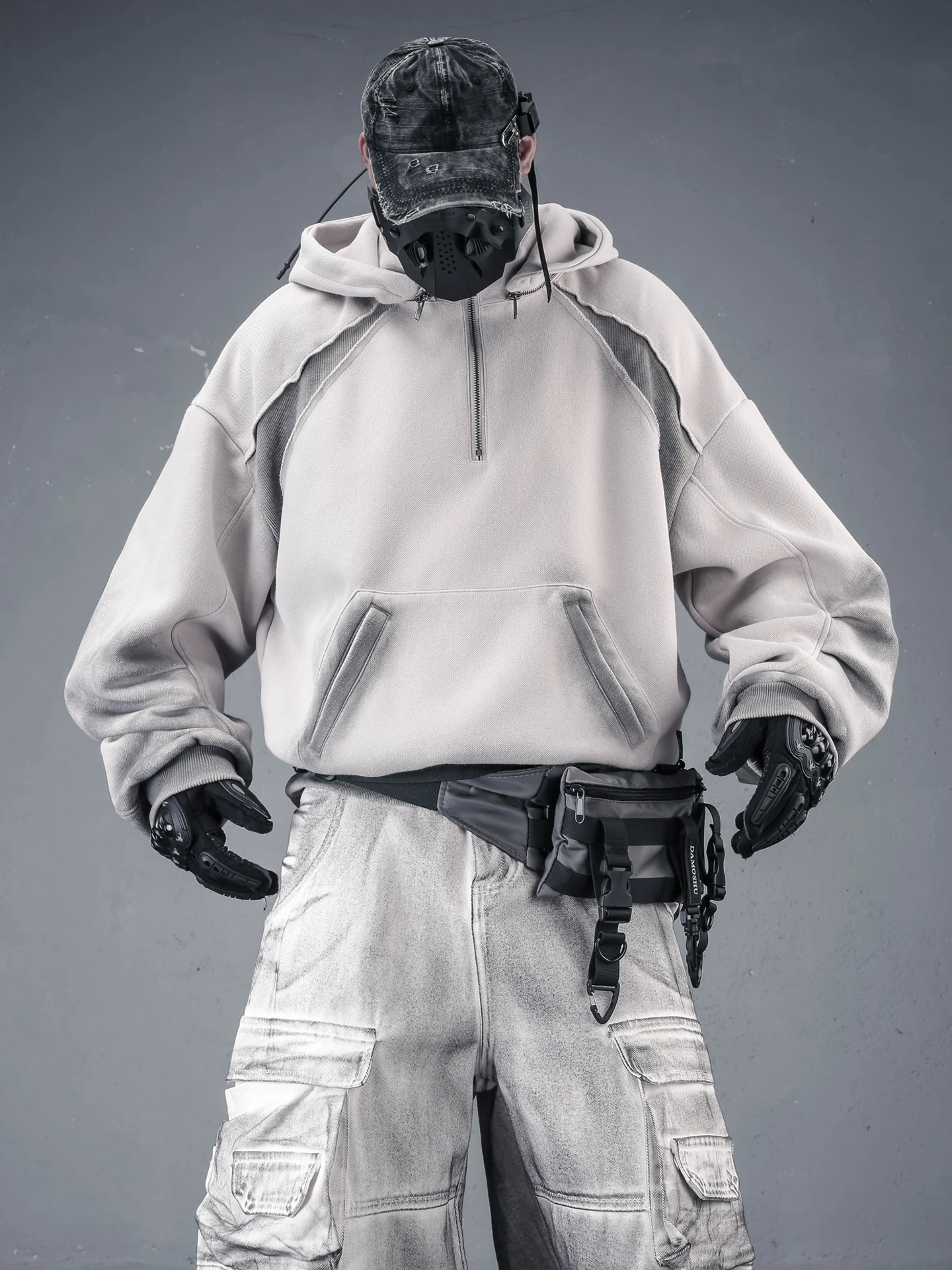 Moletom Masculino Retrô Americano Estilo High Street com Efeito Destruído, Jaqueta Solta com Meio Zíper, Estilo Deserto Vinta...