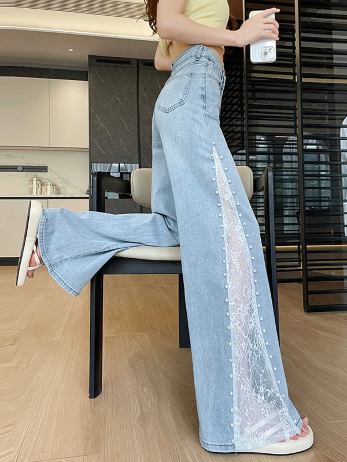 

Women's High Waist Tencel Wide Leg Jeans Side Lace Pearl Patchwork Vintage Blue Denim Pants Summer 2026 Streetwear