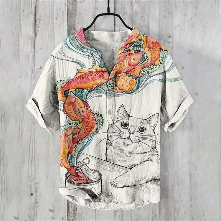 2024 Cross border Hawaiian shirt art print small fish series 3D digital print casual loose short sleeved shirt