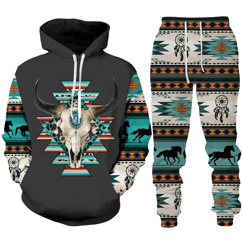 Vintage Cow Tribal Print Tracksuit Set Man Woman Hoodie+Pants 2pcs Set Fashion Casual Western Cowboy Hip Hop Streetwear Clothes