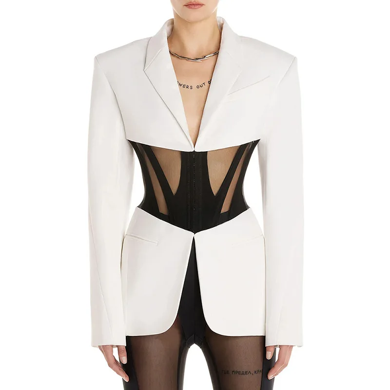 

European Style Newest Designed Sexy See Through Fish Bone Gauze Patchwork Lady High Street Long Sleeve Slim Blazer