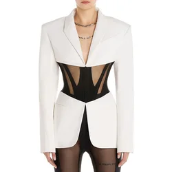 European Style Newest Designed Sexy See Through Fish Bone Gauze Patchwork Lady High Street Long Sleeve Slim Blazer