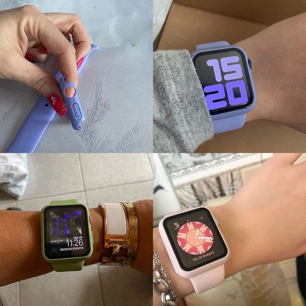 Caixa de vidro e pulseira para Apple Watch, pulseira de silicone, pulseira esportiva, iWatch Series 9, 8, 7, SE, 6, 5, 4, 3, 44mm, 40mm, 41 milímetros, 42 milímetros, 45 milímetros