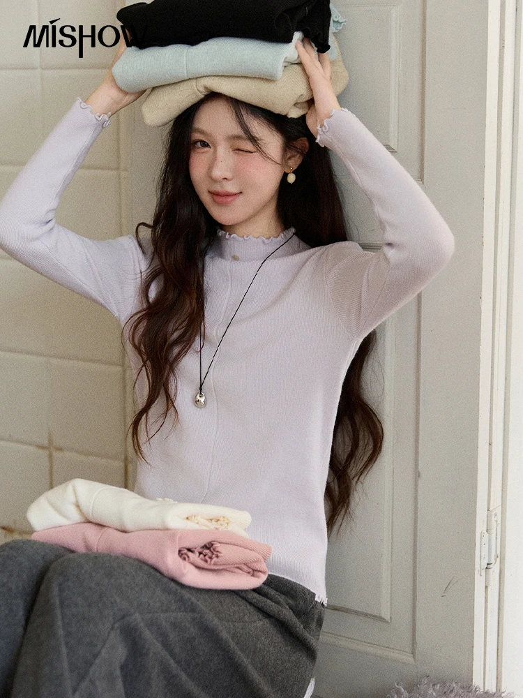 

MISHOW Women's Knitted Long-Sleeved Top 2025 Winter Solid Slim Fit Ruffled Turtleneck Sweater Warm Soft Commuting Top MXE91Z2826