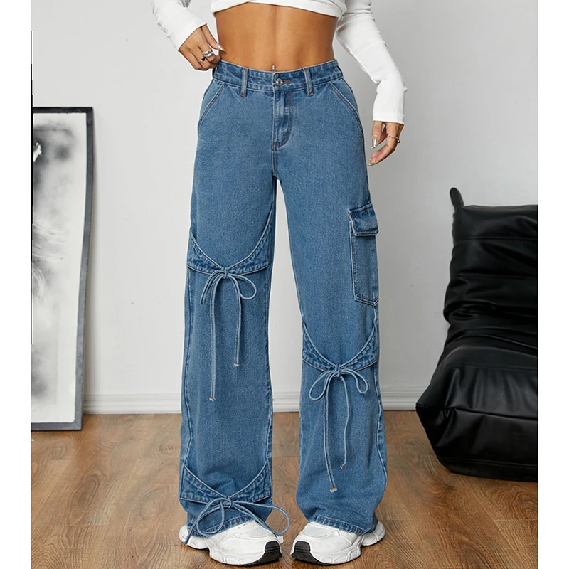 Blue Bow Detail Chic Jeans Women Loose Harajuku Y2K Straight Denim Pants American High Street Patchwork Pocket Wide Leg Trousers