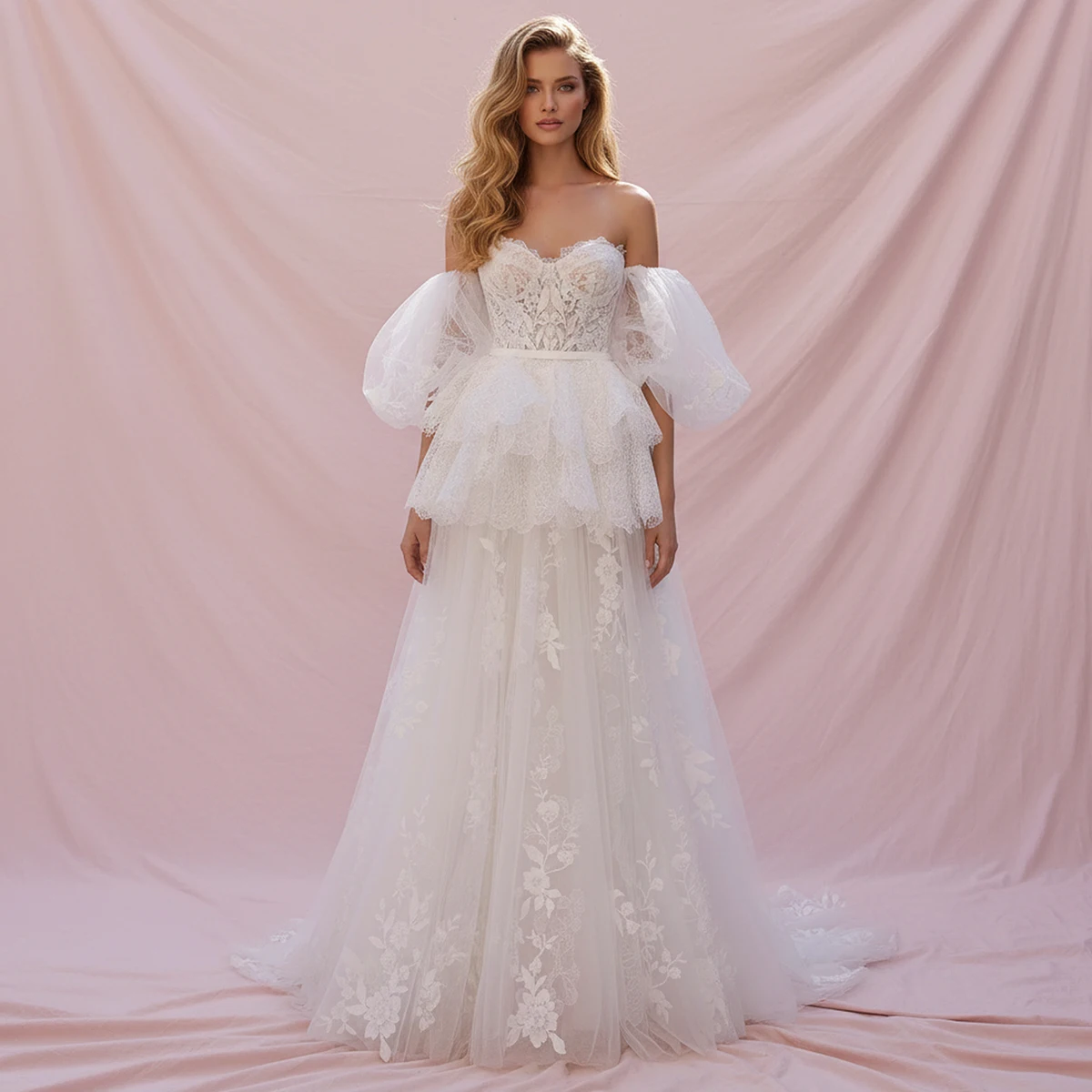 

Luxury Appliques Lace Tulle Wedding Dress For Bride Sweetheart Long Ball Gown Puffy Sleeve Bridal Party Gown Vestidos Novia