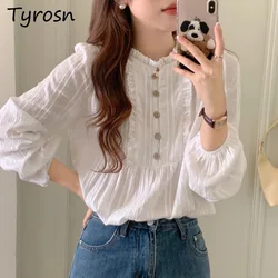 Blouses for Women Clothes Leisure Tender Sweet Korean Style Lantern Sleeve Stylish Cozy O-neck Daily Solid Spring College Retro