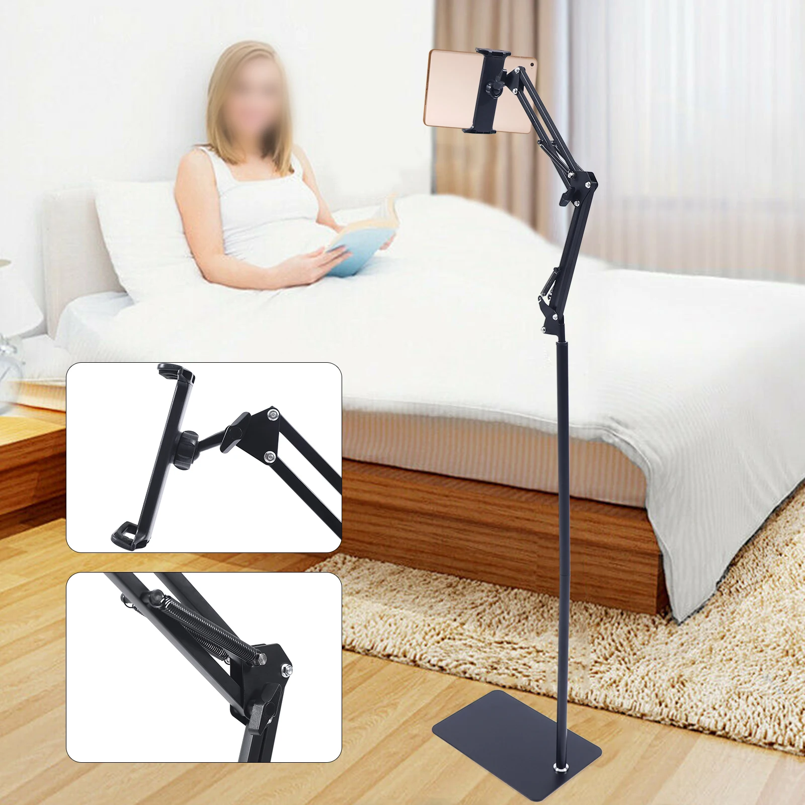 Tablet Floor Stand, 360° Swivel Adjustable Height & Angle, Heavy Duty Carbon Steel, Non-Slip Base, Portable & Foldable, Universal Holder for 12-18cm Phones & Tablets, for Home Office Kitchen Gym Bedroom, Easy Assembly