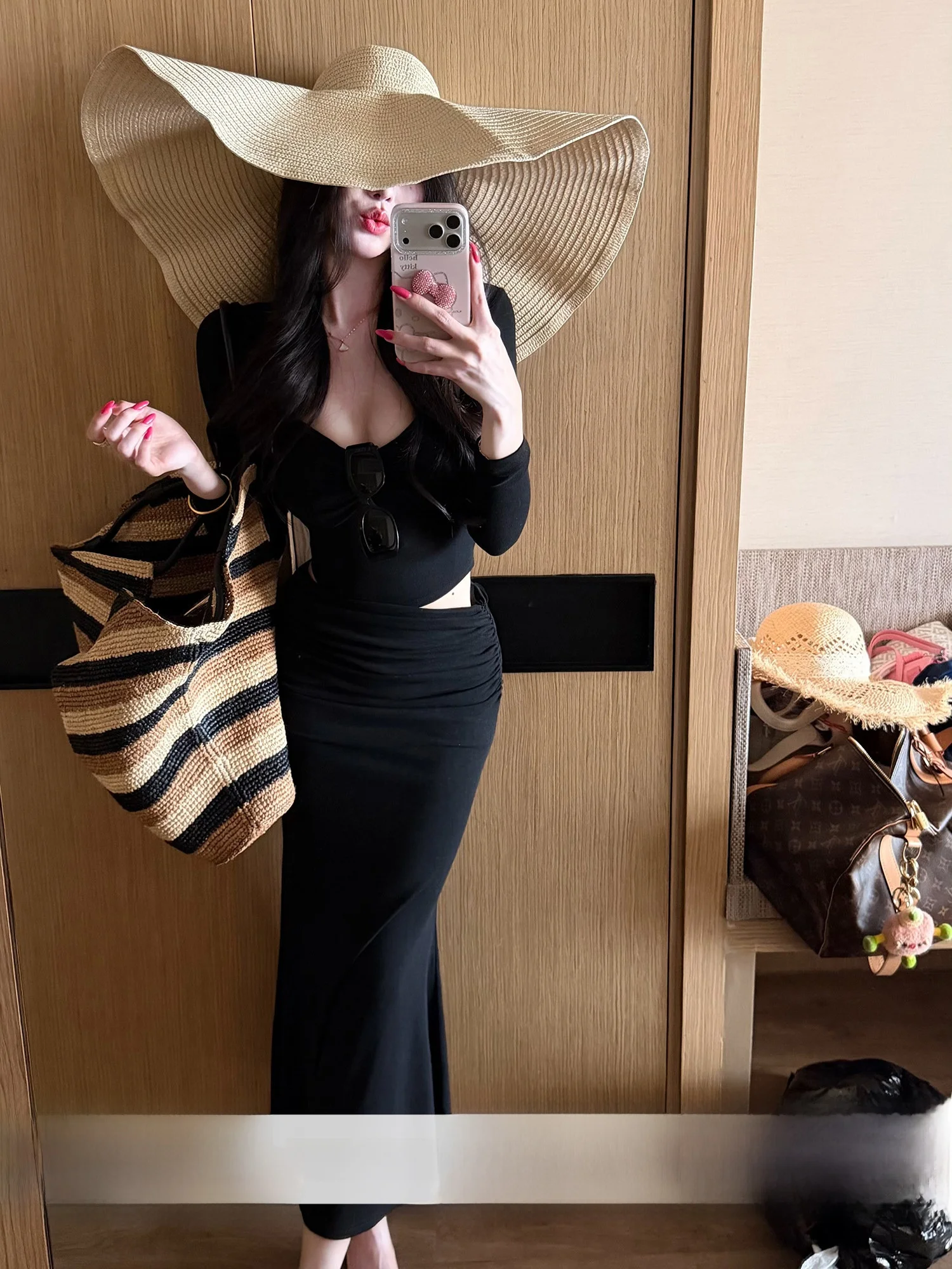 FARTE Shop Sexy Black Lace-Up Cardigan And Crop Top Set Women's Spring Summer Fashion Two-Piece Suit High Elasticity Slim Fit