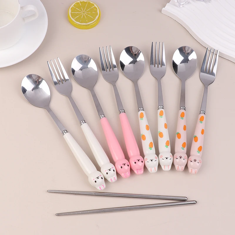 Tableware Set Cartoon Rabbit Stainless Steel Spoon Fork Chopstick Student Portable Dinnerware Travel Cutlery Sets With Box