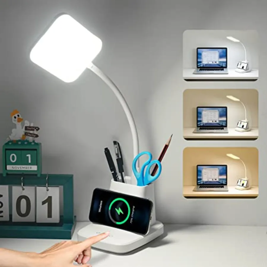 

LED Desk Lamp with Wirel Charger, Desk Light with Pen Holder, 3 Color Modes with Stepl Dimming, CRI 85, 800 Lumen, Study Lamps
