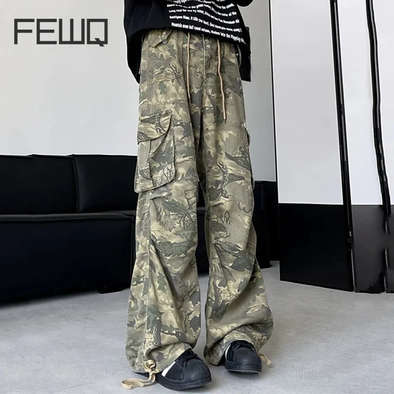 FEWQ Camouflage Distressed Multi Pocket Design Loose Wide Leg 2024 Men Pants Contrast Color Male Trousers Fashion 24E1404