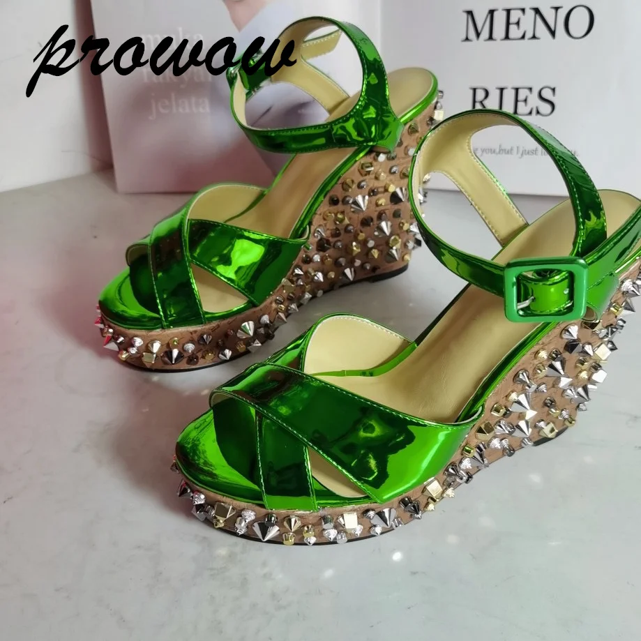 Prowow Neue Gold Rot Niet Keile Sandalen Ankle Strap Plattform alias de mujer