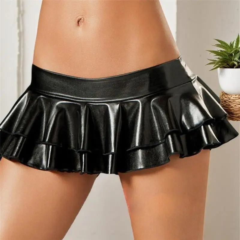 Women's Faux Leather Skater Skirt Novelty Metallic Pleated Mini Skirt Double Layered Ruffle Skater Skirt Raves Clubwear