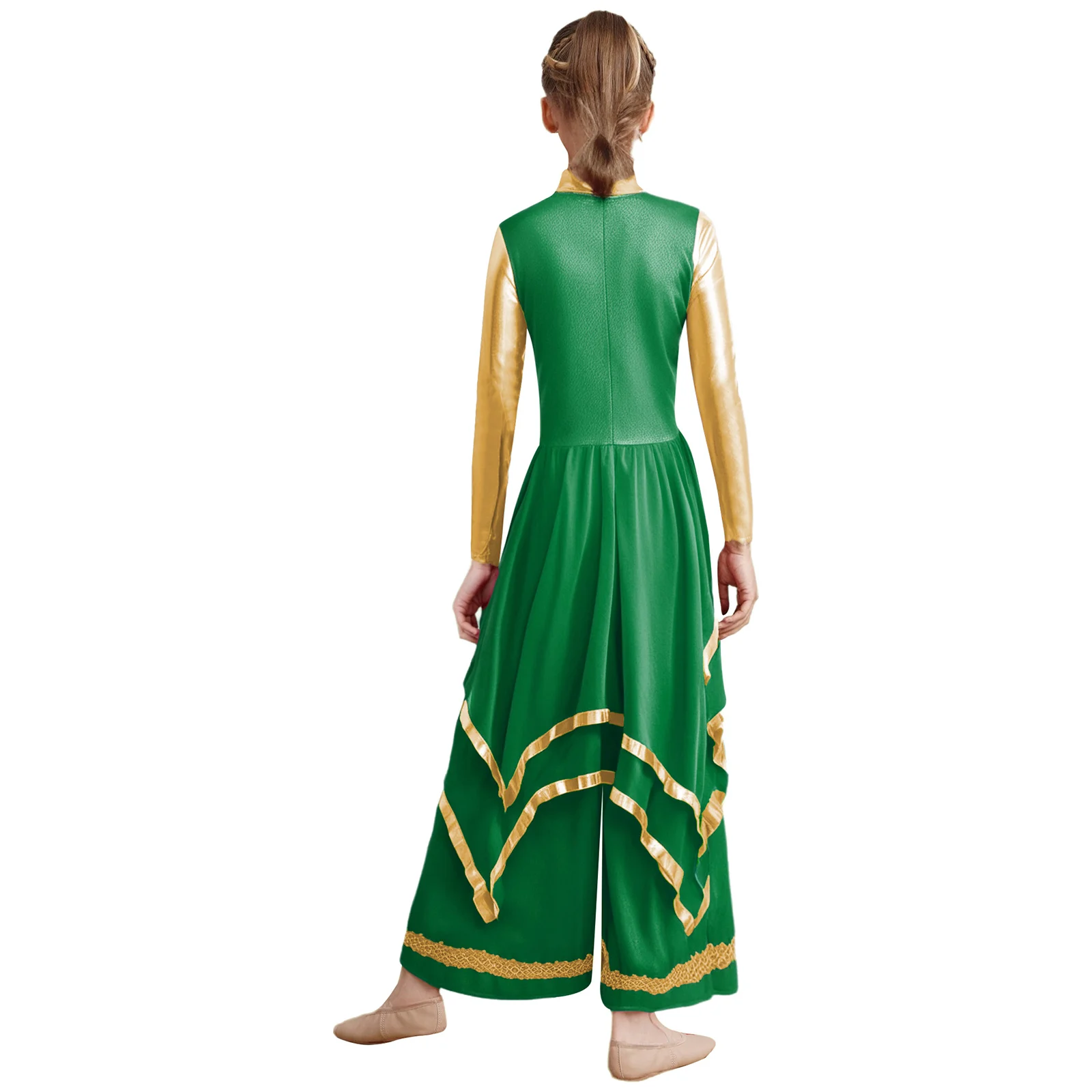 Kids Girls Worship Liturgical Praise Dance Dress Long Sleeve Gold Trim Metallic Color Block Irregular Hem Wide-Leg Pants Dress