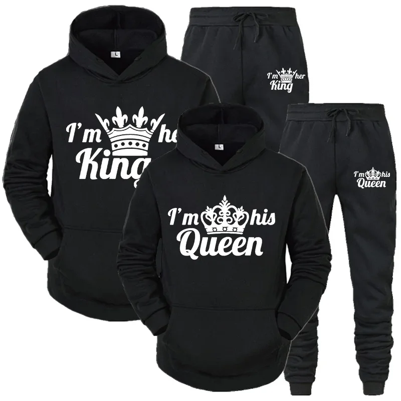 2026 Floral Queen King Couple Style Large-Sized Hooded Sweatshirt and Casual Pants - Autumn/Winter - Complete Couple Set