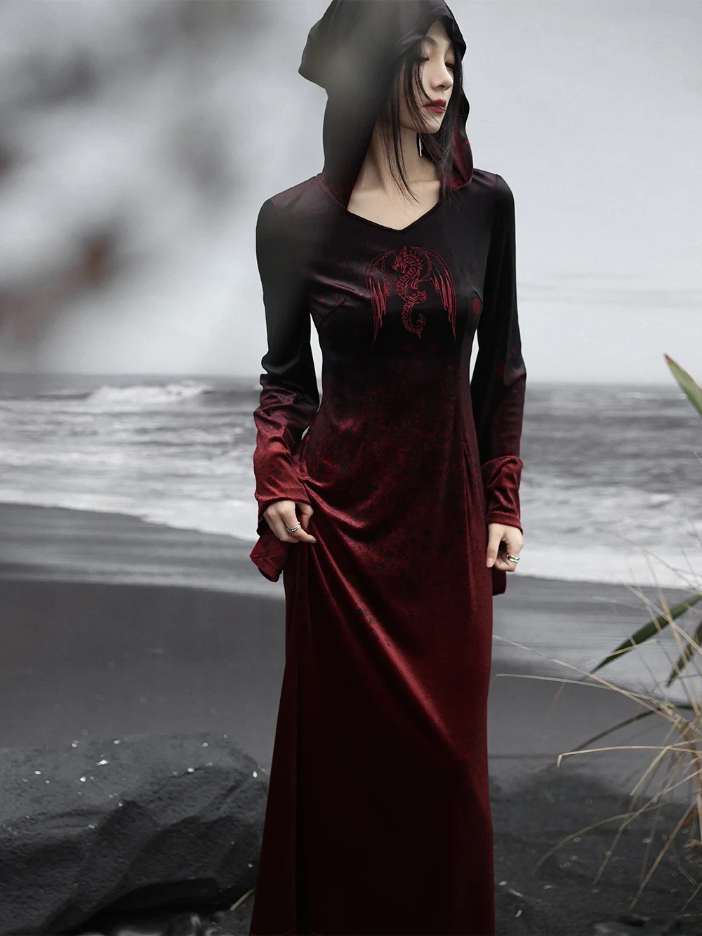 Dark Pattern Embroidered Dress Women's Winter New Romantic Hooded Gradient Printing Velvet Long