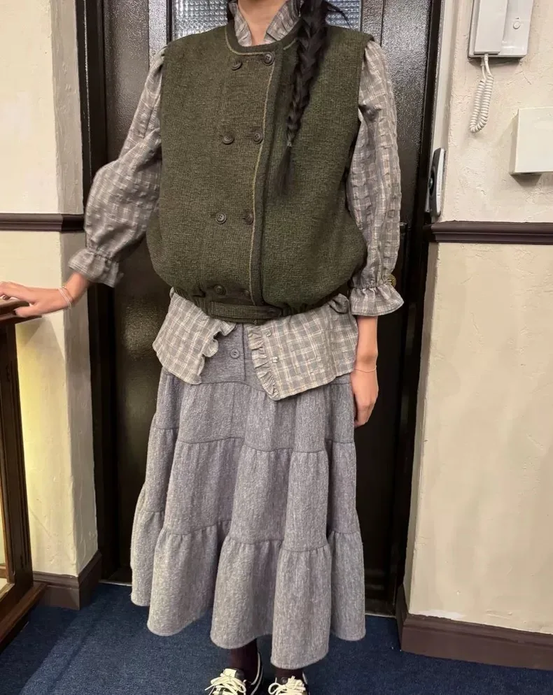 PREON Commuter Style British Double-Row Button Vest Jacket Women's Short Outerwear round Neck Pure Color Winter New Arrival