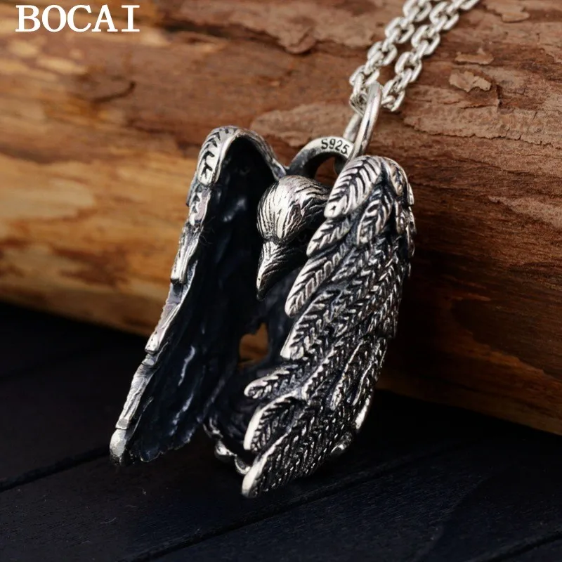 

BOCAI Real Personality Trend Jewelry Evil Psychic Crow Sterling Silver s925 Men's Pendant Retro Feather Bird Pendant