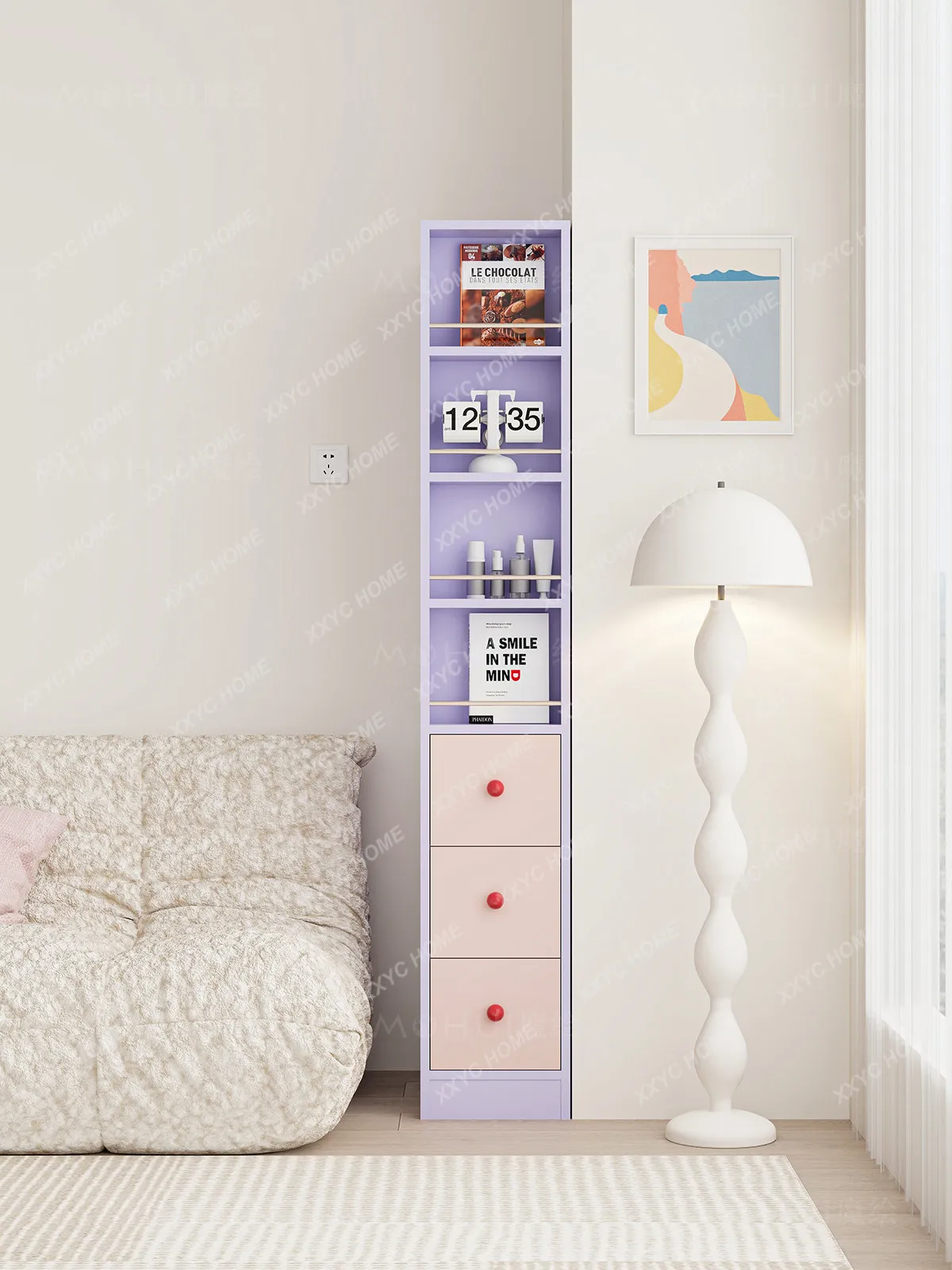 Dopamine Bookcase Desk Integrated Pink Side  Locker Narrow Side High Cabinet Storage  Floor Seam