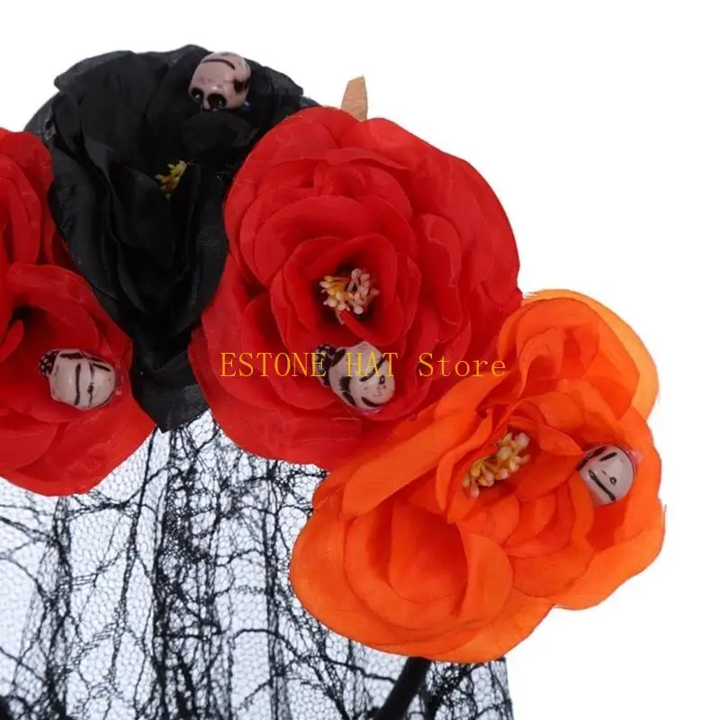 Coroas de flores góticas para mulheres, faixa de cabeça de caveira gótica, dia das bruxas, véu de teia de aranha, dia dos mortos