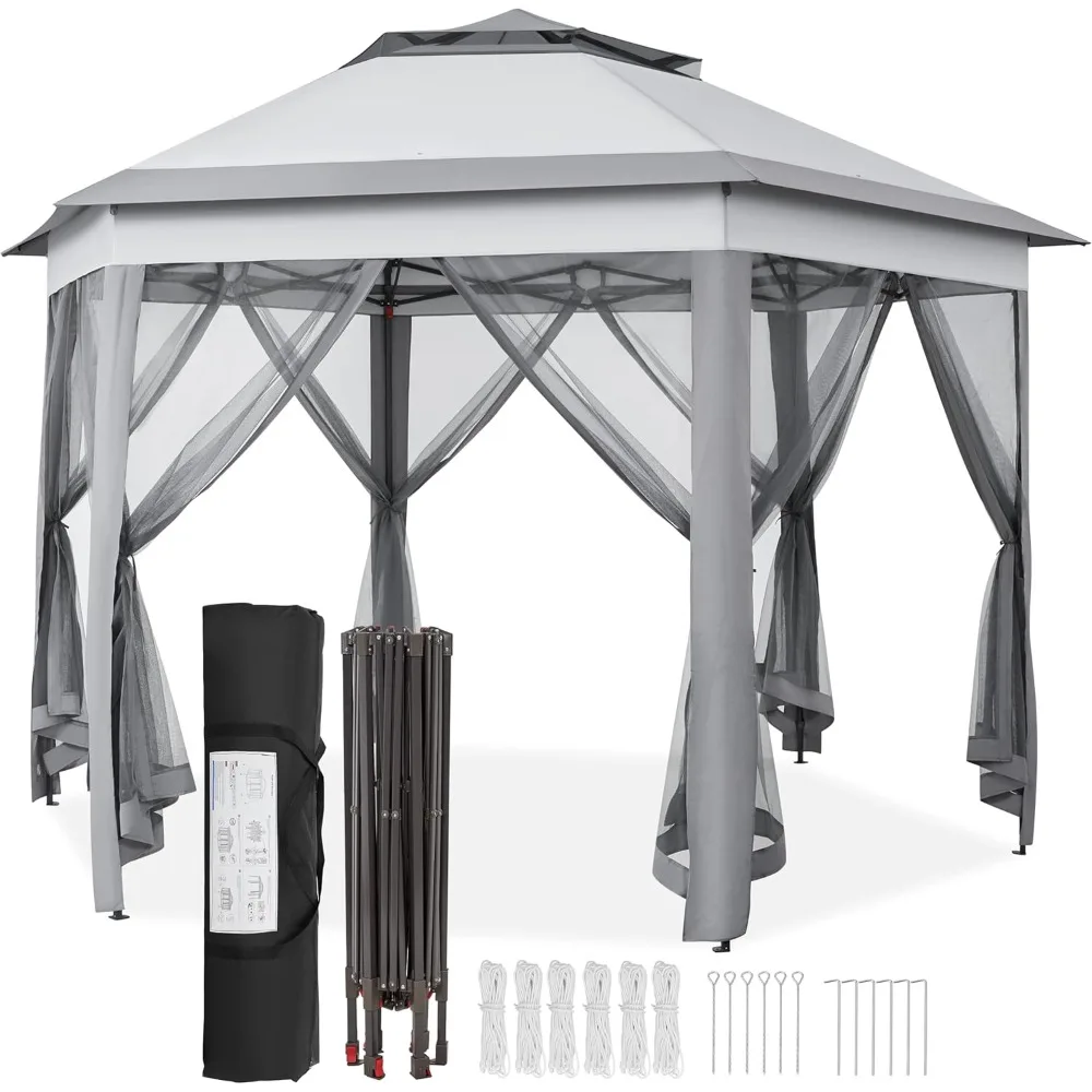 

13x13 Pop up Gazebo, Hexagonal Outdoor Canopy Shelter, Instant Patio Gazebo Sun Shade Canopy Tent with Double Tiers & Mesh Nett