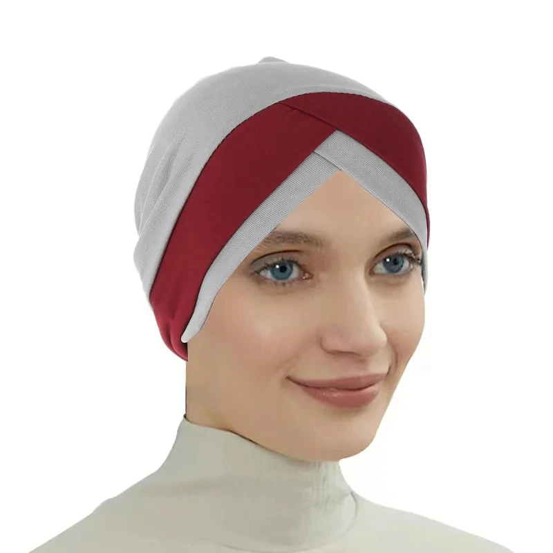 2024 New Forehead Cross Hijab Cap for Solid Color Soft Elastic Muslim Head Wrap Women Turban Bandana Bonnet Headscarf