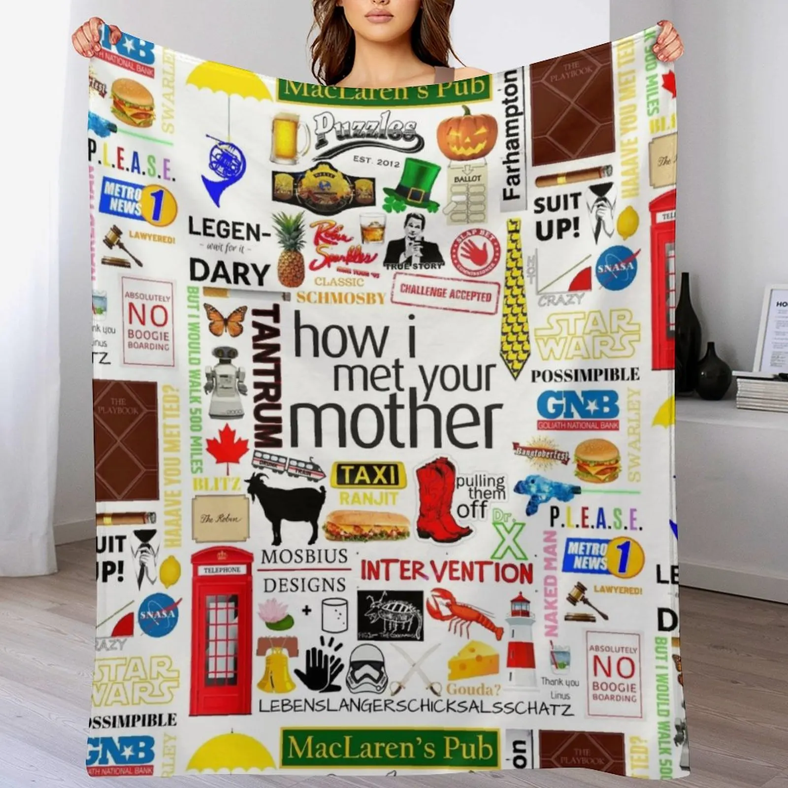 

How i Met Your Mother Collage Poster Iconographic - Infographic (White) Throw Blanket Camping Luxury St Blankets