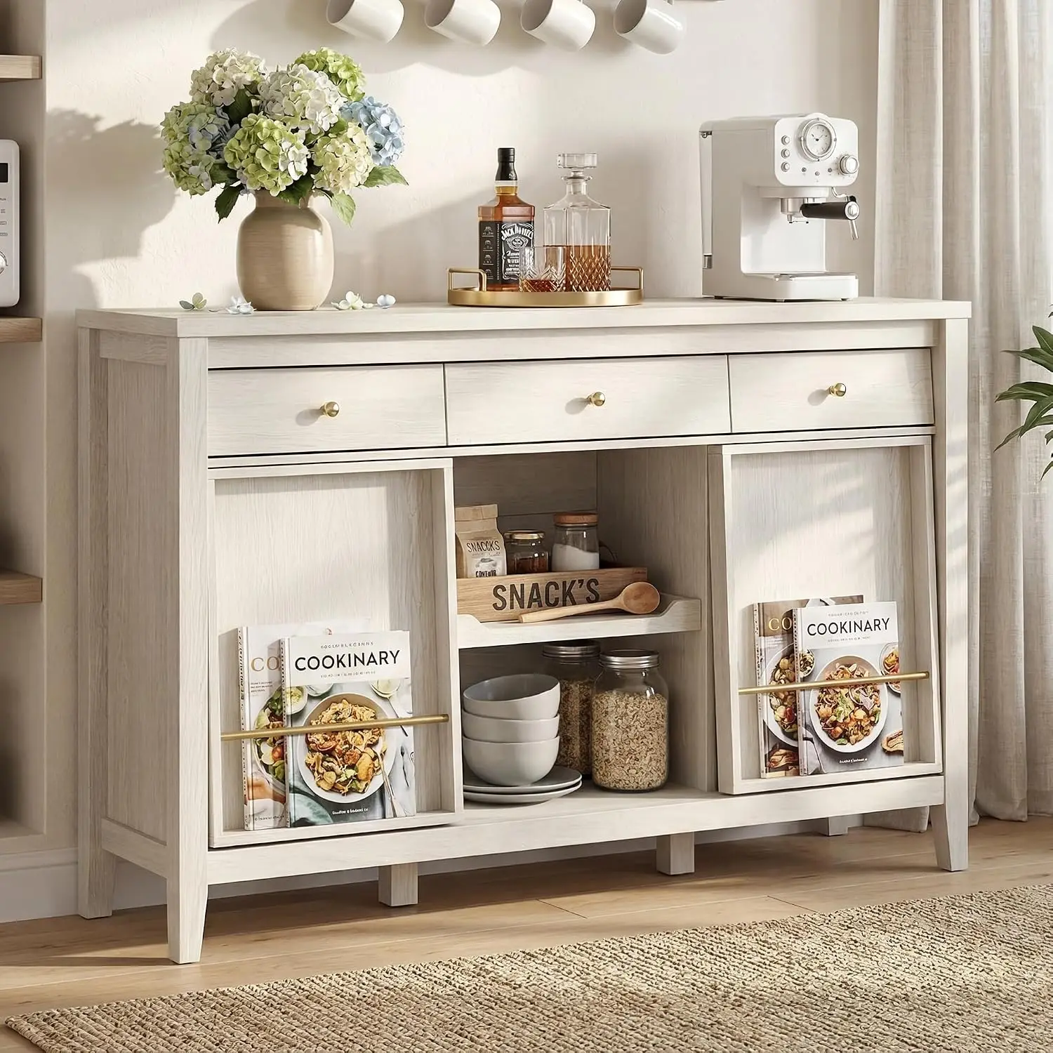 Modern Buffet Cabinet 3 Drawers Sliding Doors Pull-Out Shelf Charging Station Storage Sideboard Coffee Bar Beige, Customized