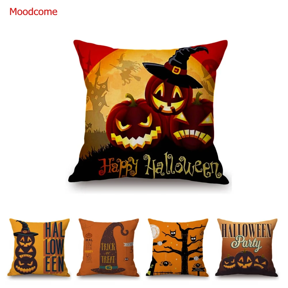 Halloween Decoration Cartoon Witch Creepy Pumkin Face Crow Spider Party Club Decorative Throw Pillow Cotton Linen Sofa Cushion