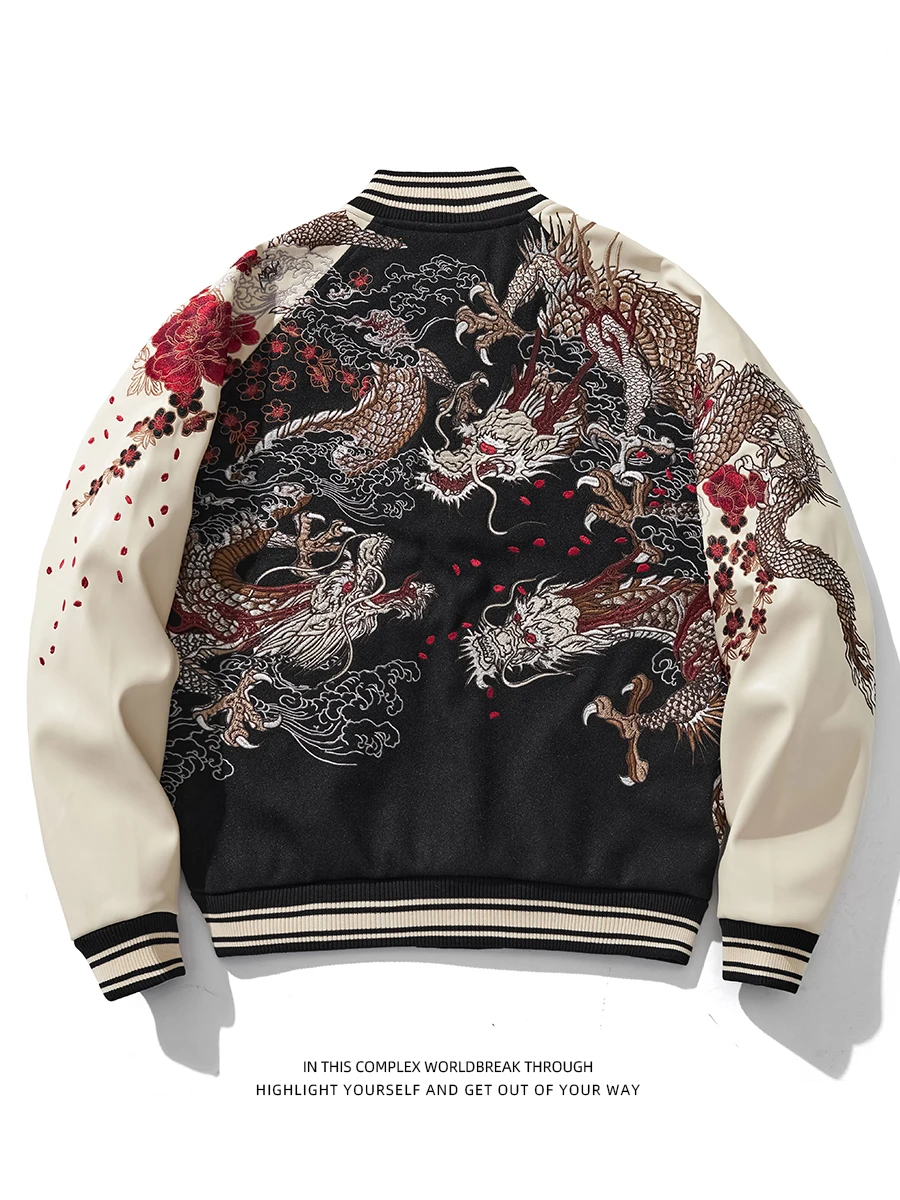 

SUKAJAN Horizontal Yokohama Tee Dragon Embroidery PU Leather Sve Jaet Coat ex Baseball Sle Spring Autumn