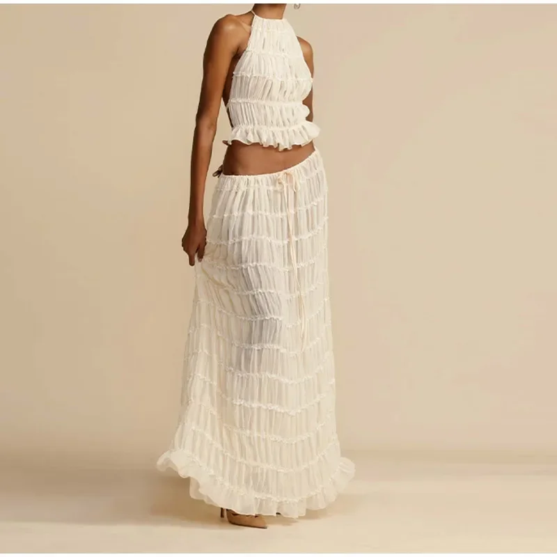 Pleated Crop Tops Long Skirt Suit Women Halter Sleeveless Backless Skirts Set 2024 Summer Ladies Sexy 2 Piece Set Beach Outfit