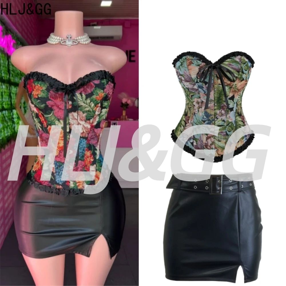 

HLJ&GG Y2K Sexy Retro Oil Print Corset Two Piece Sets Women Off Shoulder Sleeveless Backless Top And Leather Mini Skirts Outfits