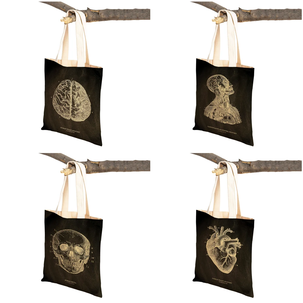 Vintage Anatomical Skeleton Chalkboard Skull Shopper Bag Tote Lady Handbag Casual Canvas Heart Double Print Women Shopping Bags