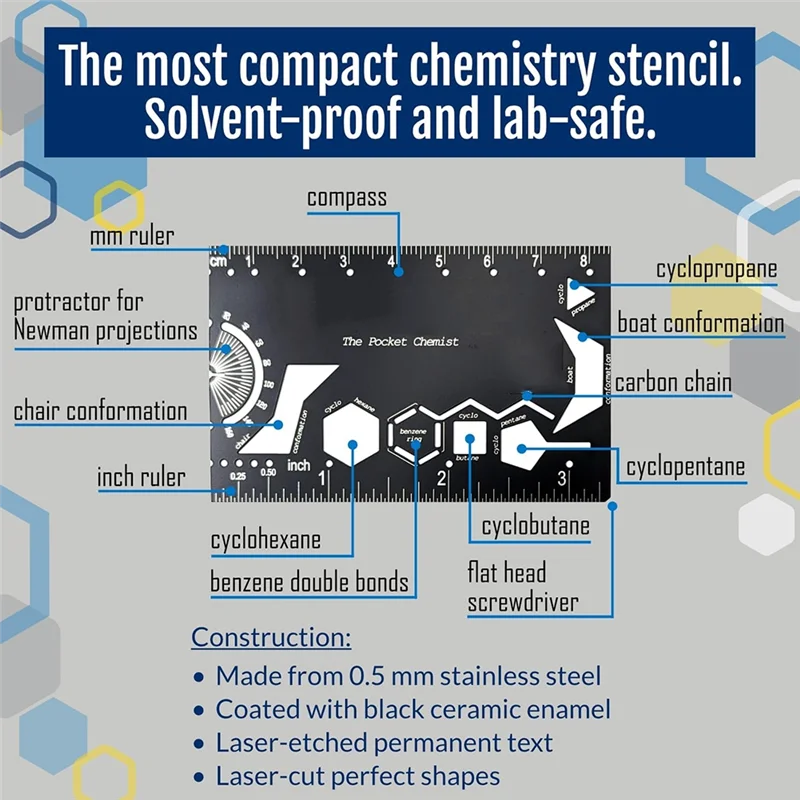 ABKW-Pocket Chemiker Schablone für organische Chemie, Zeichenschablone für Chemiker, Chemieingenieur
