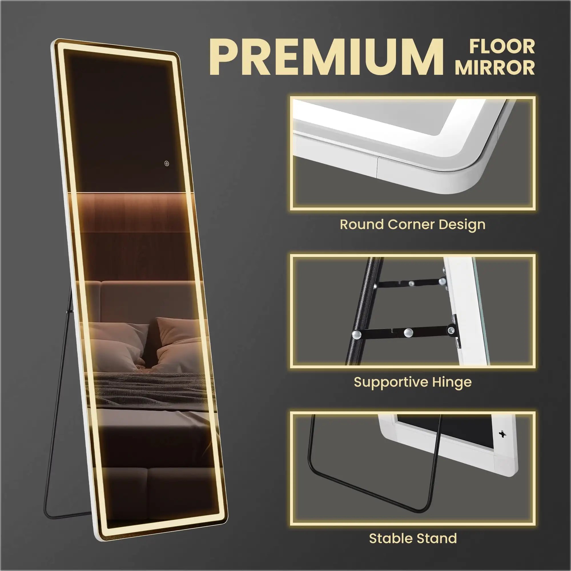 60"x16" LED Full Length Mirror with Aluminum Frame Polished Glass for Outdoor Bedroom Living Room image 4