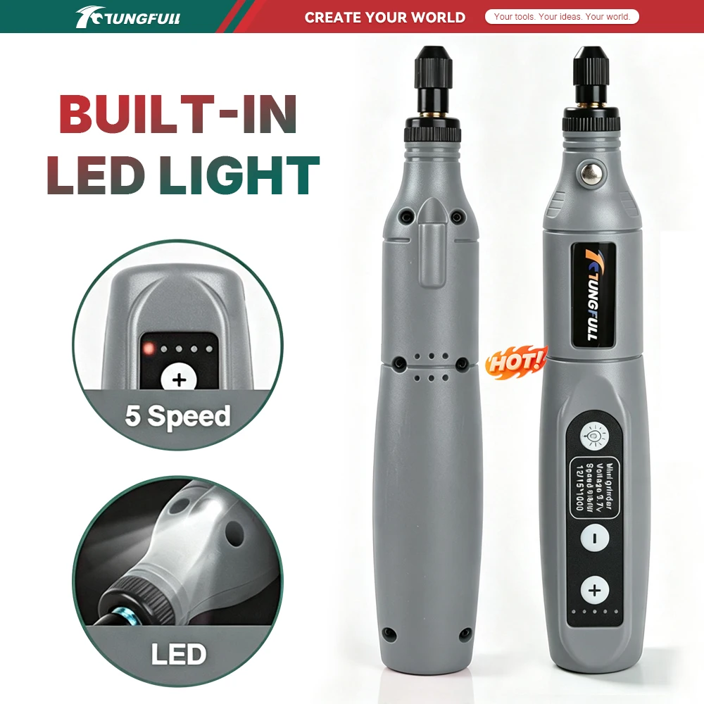 TUNGFULL Multi-Purpose Grinder Mini Rotary Tool 5 Speed USB Rechargeable with LED Light for Metal Wood Plastic