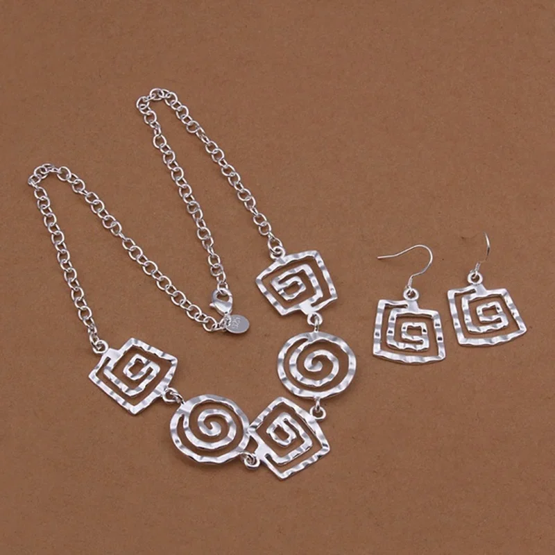 Cute lady retro European style square threaded necklace charms Earrings fashion women 925 Sterling Silver jewelry sets S428