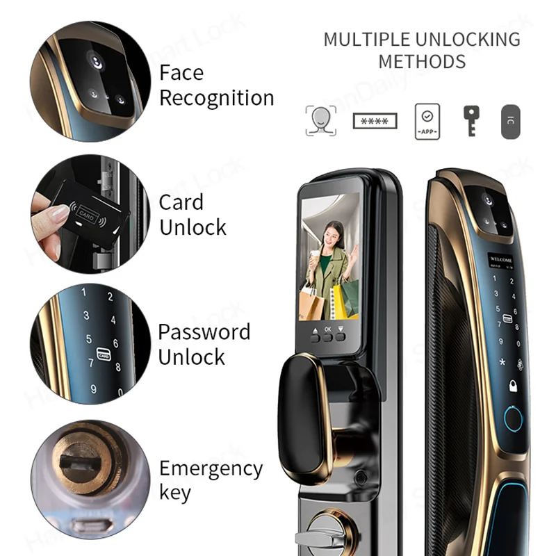 Automatic Fingerprint Electronic Digital Tuya 3D Face Recognition Door Lock Smart Cards Keys Video Camera Lock For Home