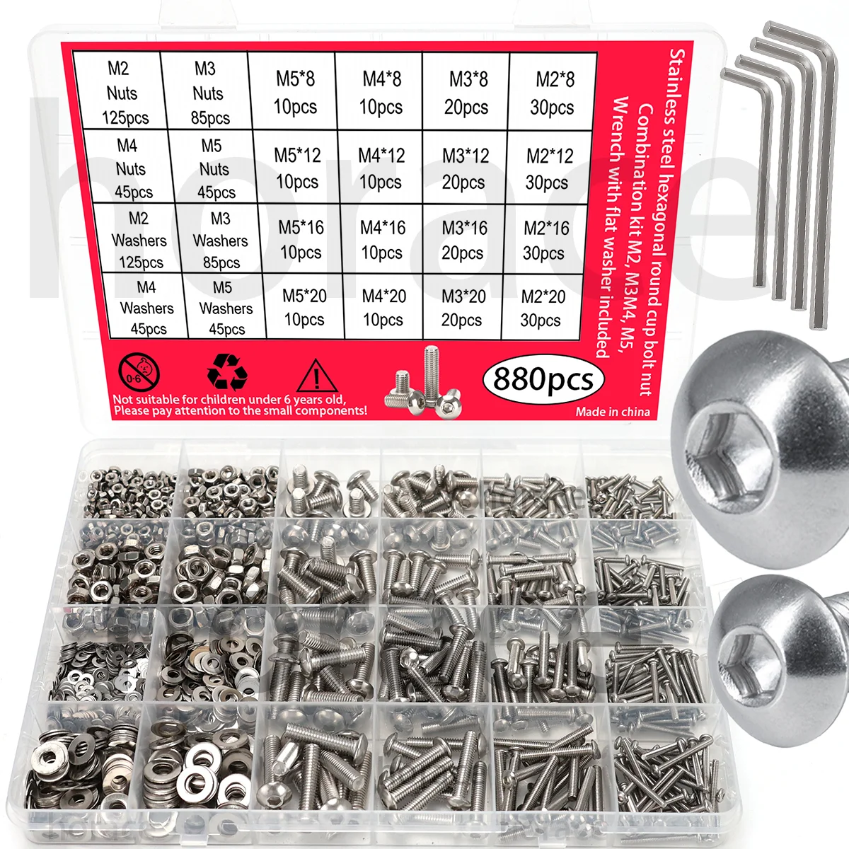 880pcs-Stainless Steel Round Cup Hex Bolt, Nut, and Washer Set - M2-M5 Sizes, Includes Hex Wrench, Suitable for DIY and Repair.