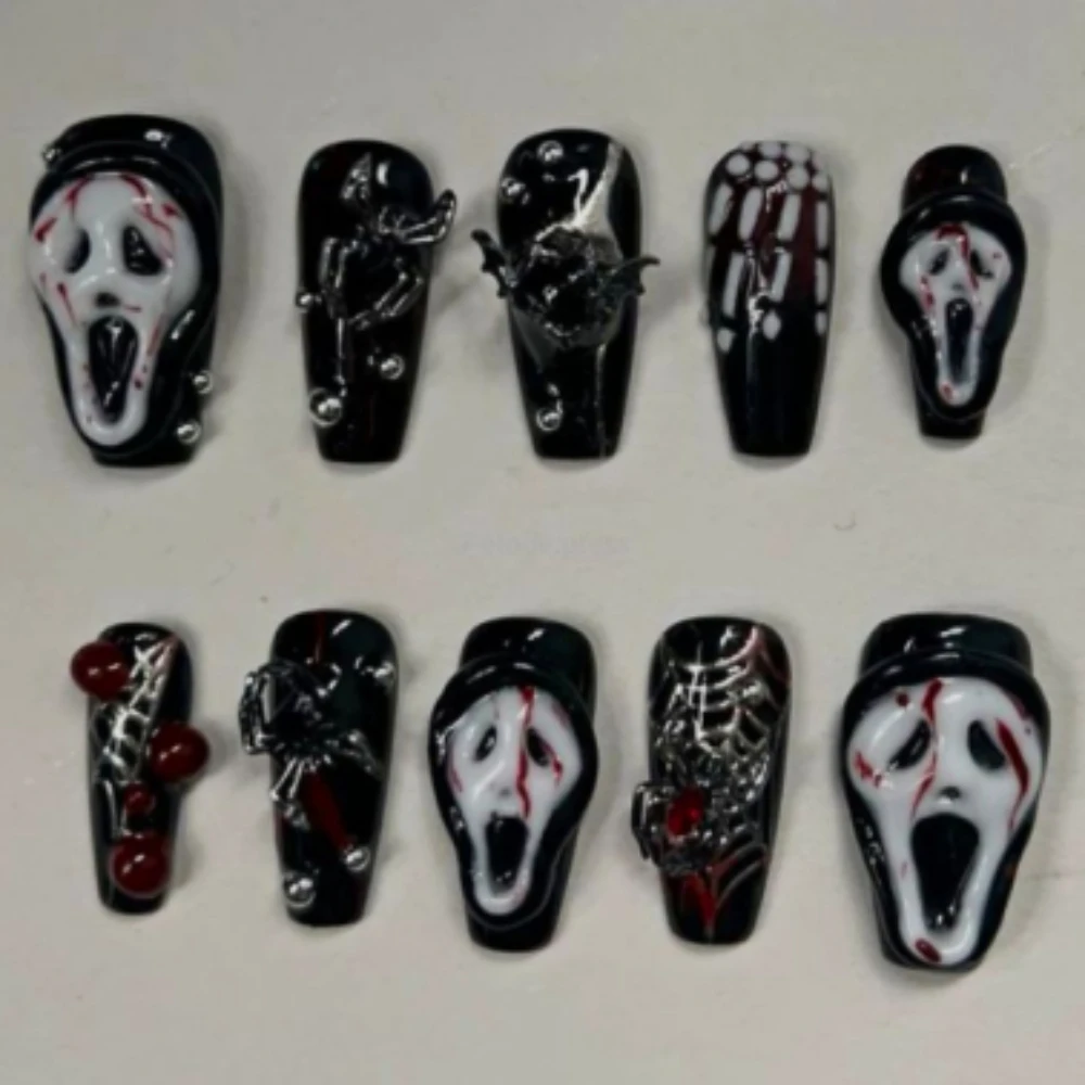 Stampa fatta a mano sulle unghie carnevale di Halloween nero francese 3D Horror fantasma mandorla bara unghie finte Design Art unghie fai da te con Set