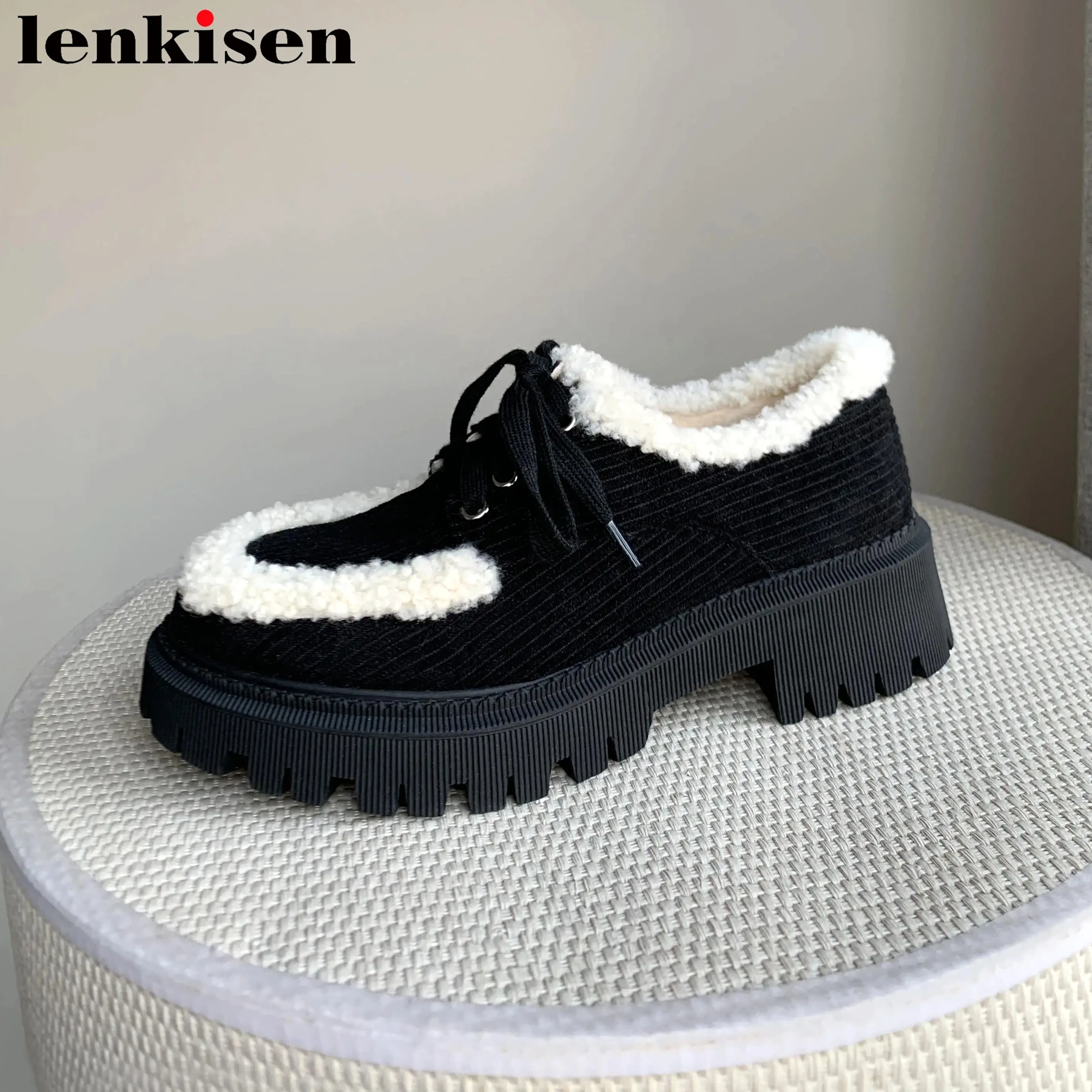 

Lenkisen Velvet Wool Increasing Platform Autumn Round Toe Winter Shoes Lace Up Med Heels Keep Warm Leisure Non-slip Women Pumps