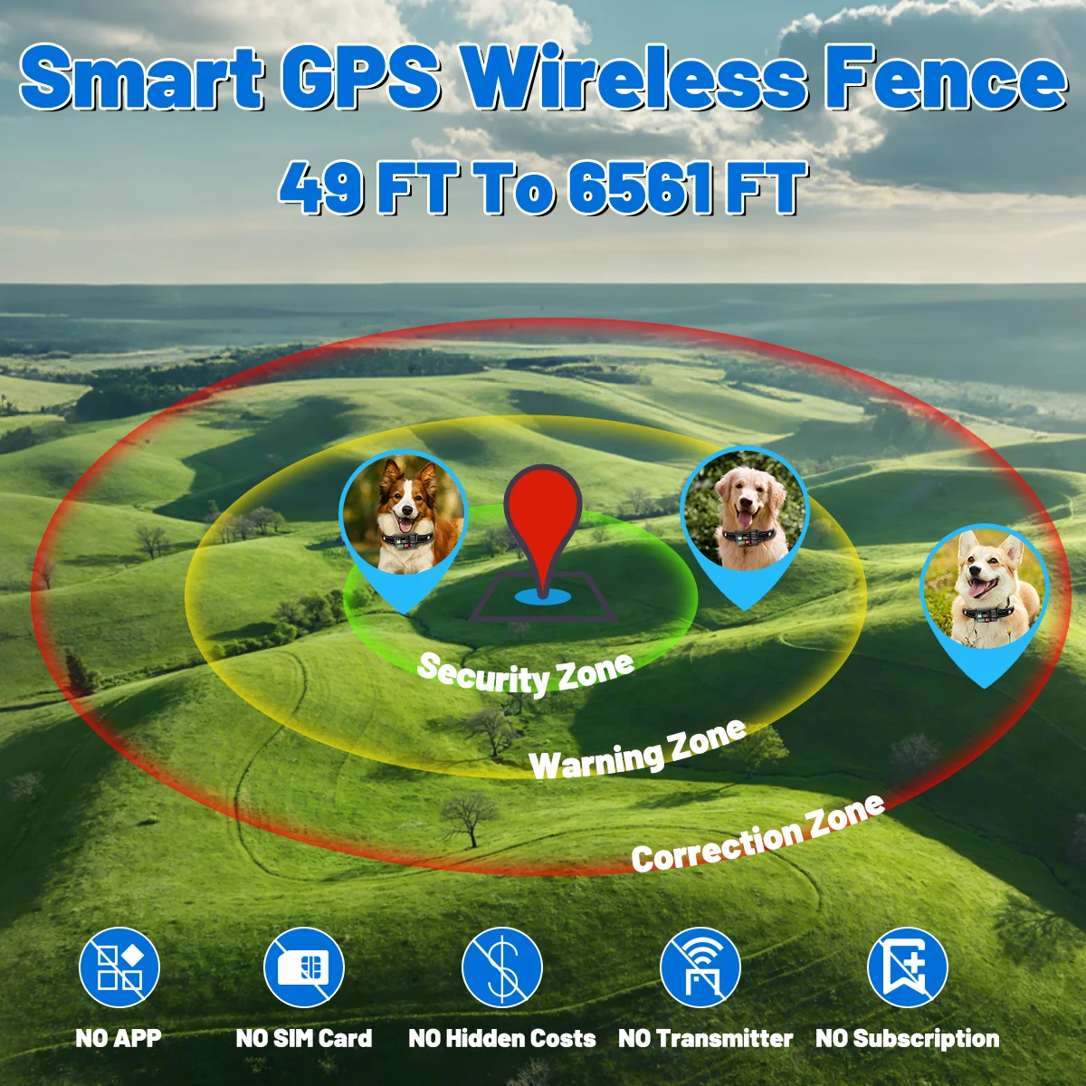 Orcleab Wireless Dog Fence GPS Dog Collar IP67 Waterproof Electric Shock Pet Containment System 3 Training Mode Free-Form Fence