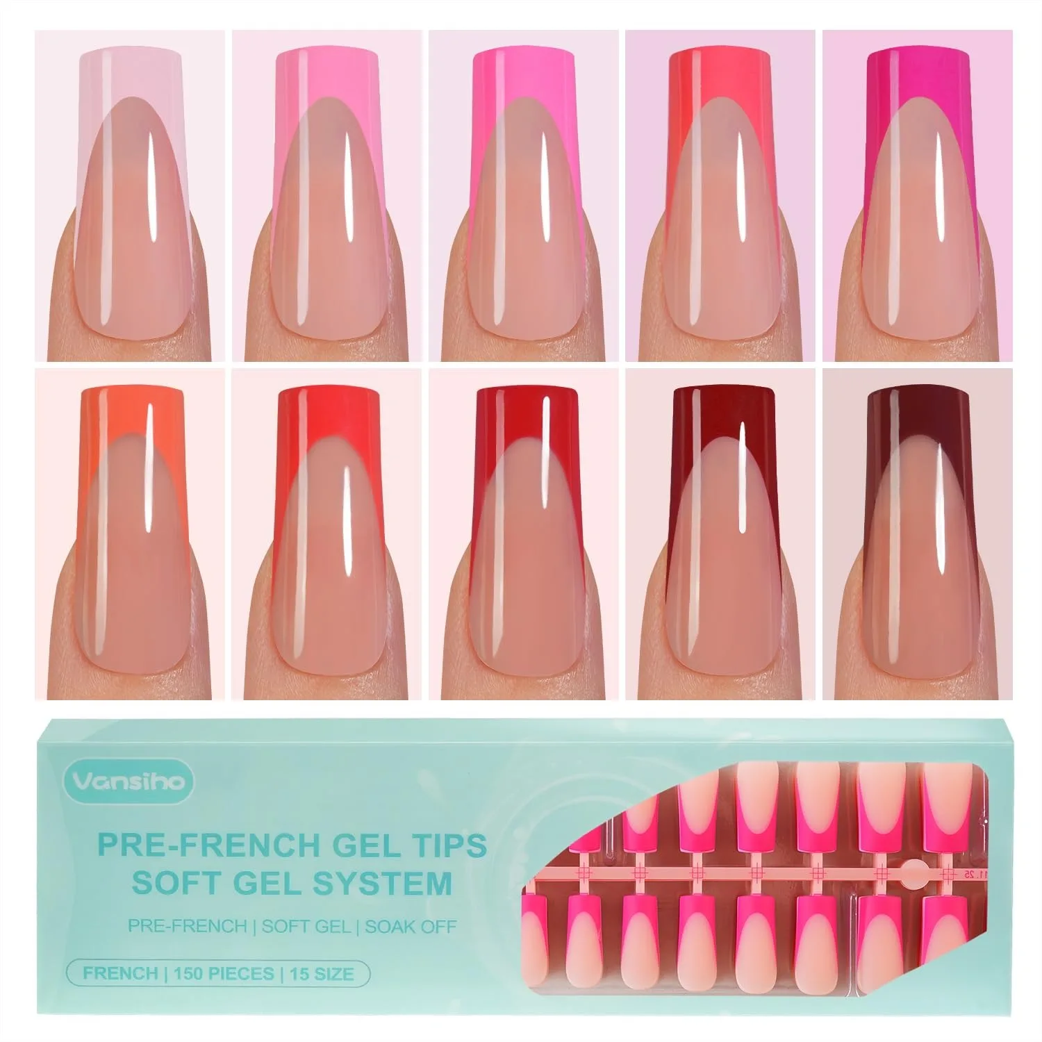 

300Pcs French Gel Nail Tips, Long Square Pink Pre-French Tips, Acrylic Fake Nails for DIY, 15 Sizes