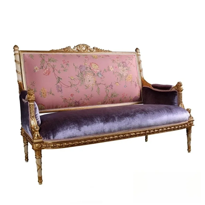 European French luxury sofa, beech wood heavy industry carved fabric sofa, pink purple contrasting small apartment furniture
